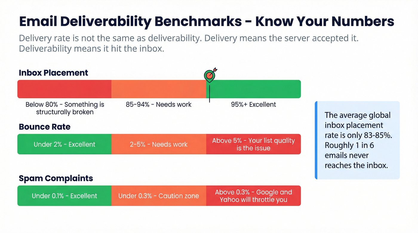 Email deliverability benchmarks with color-coded thresholds