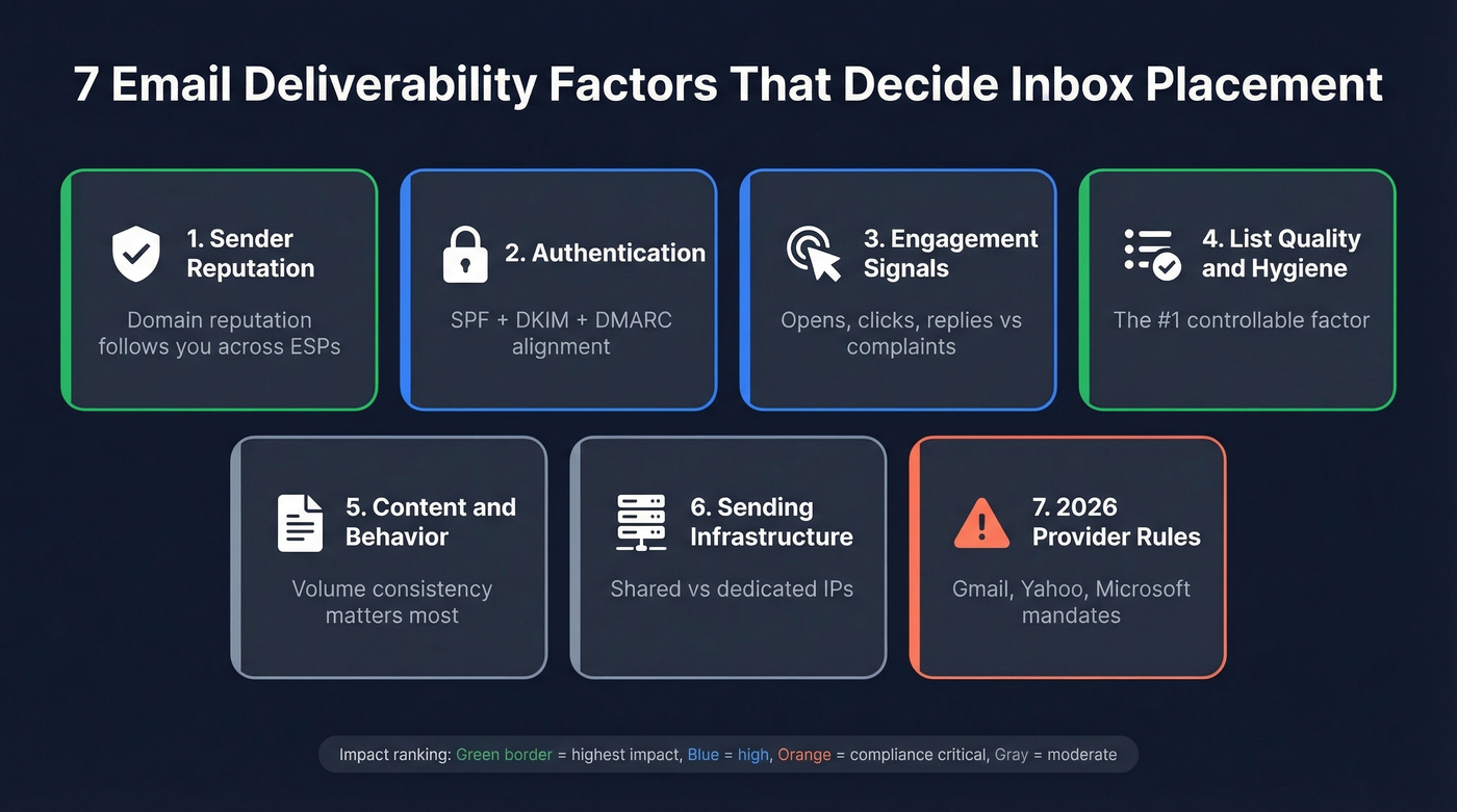 Visual overview of 7 email deliverability factors with impact weights