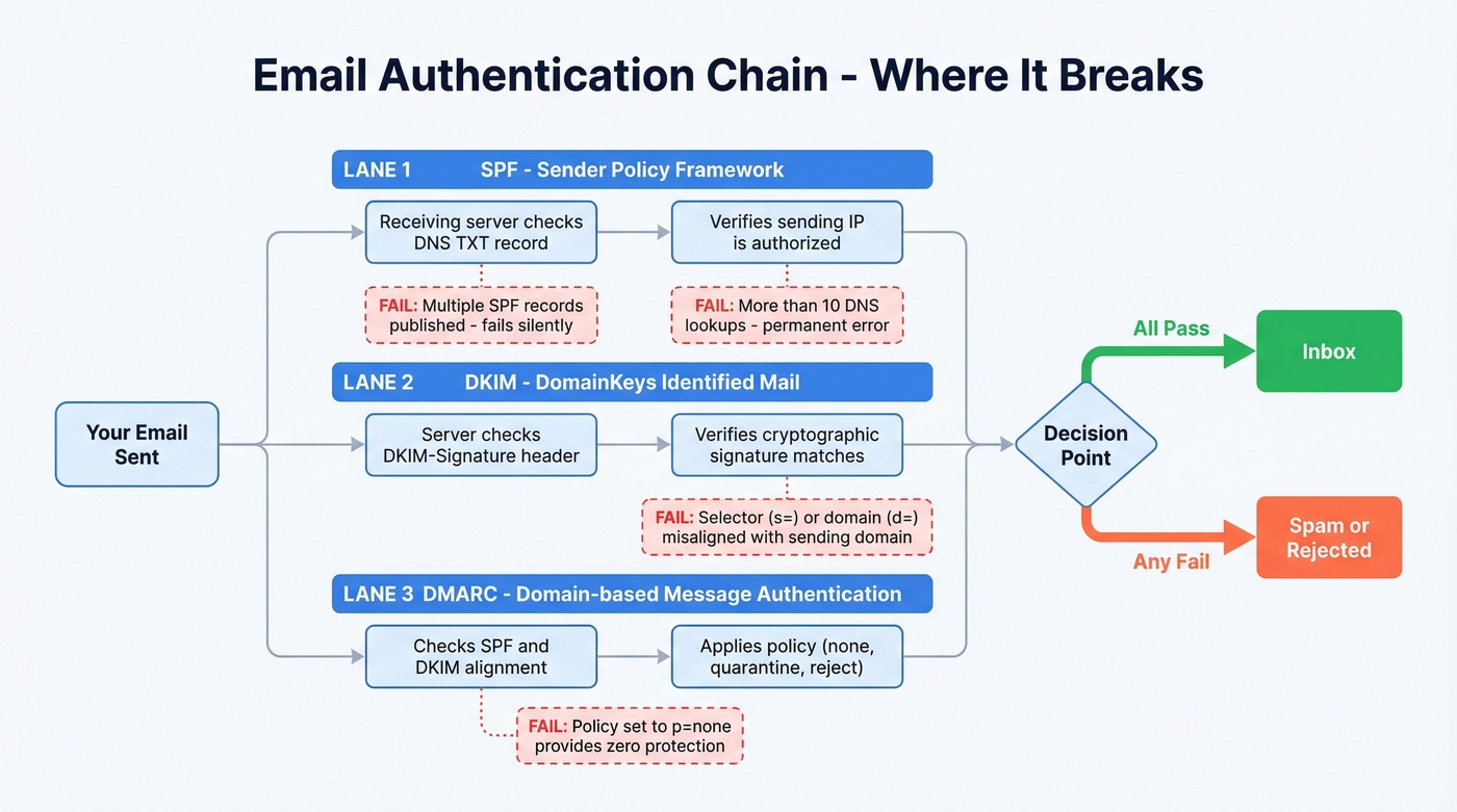 SPF DKIM DMARC authentication chain diagram with common failure points