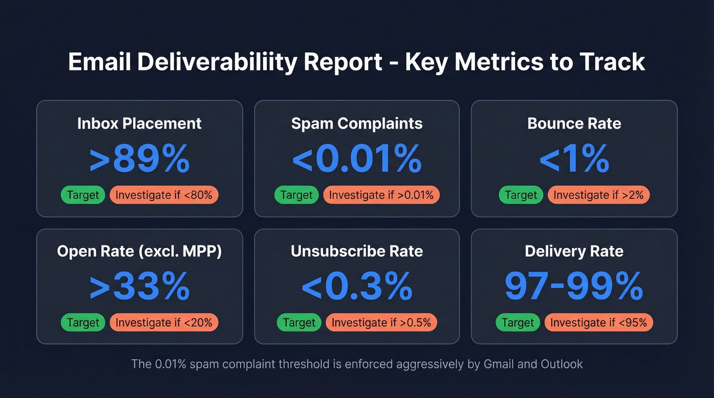 Email deliverability metrics dashboard with targets and red flags