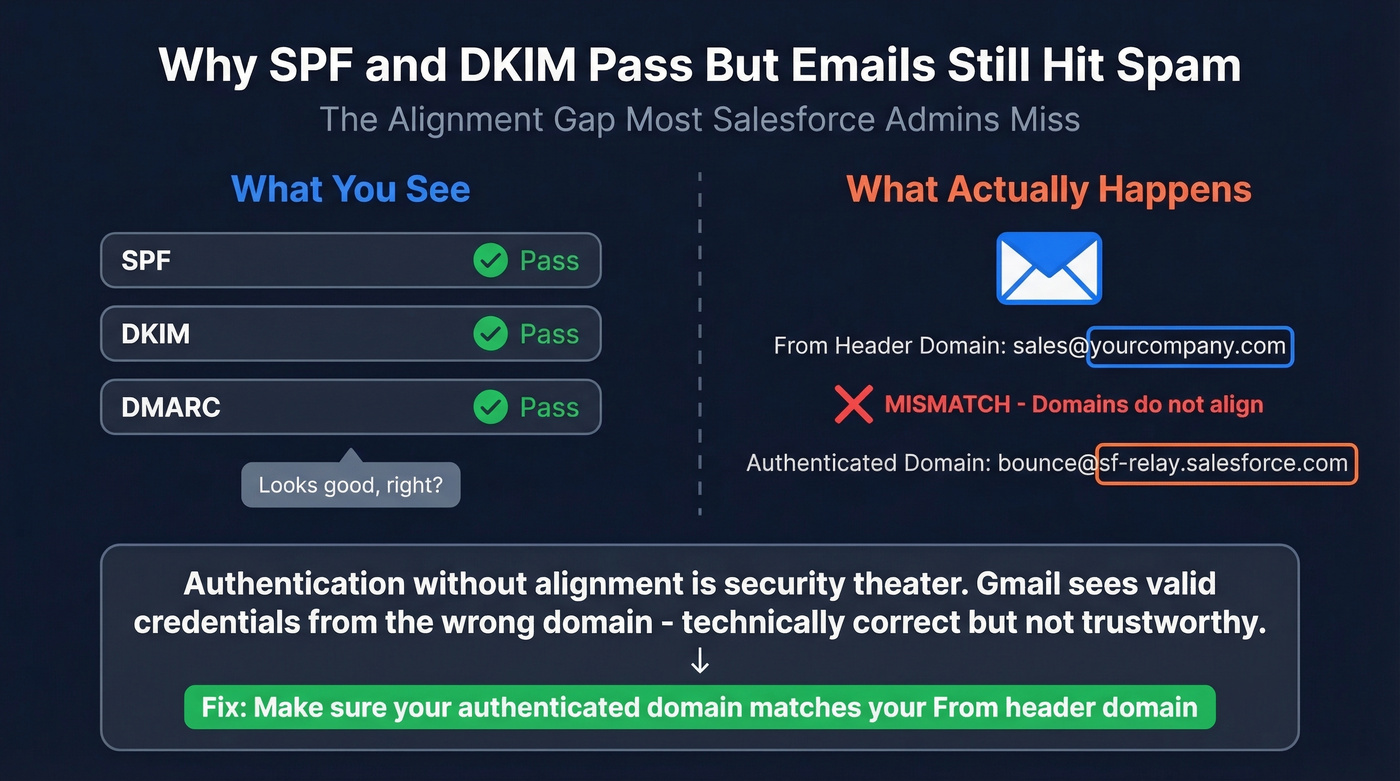 SPF DKIM pass but DMARC alignment fails diagram