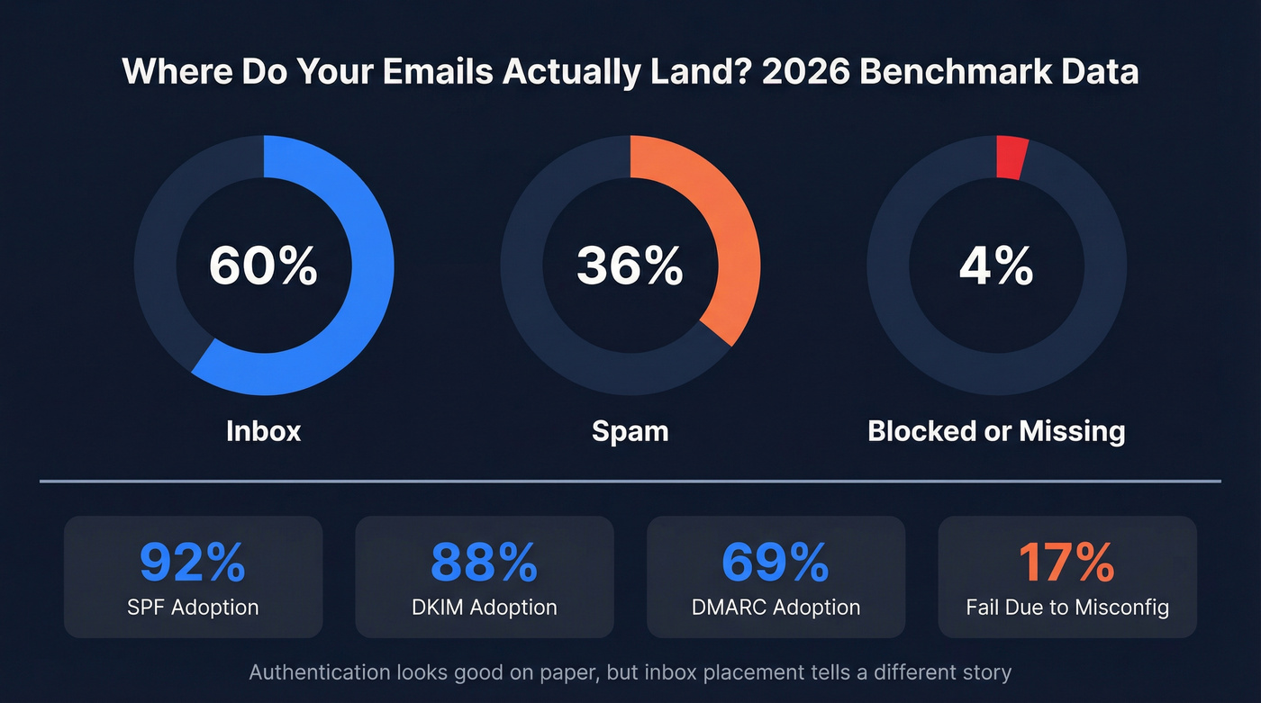 Email deliverability benchmark stats showing inbox vs spam vs blocked rates