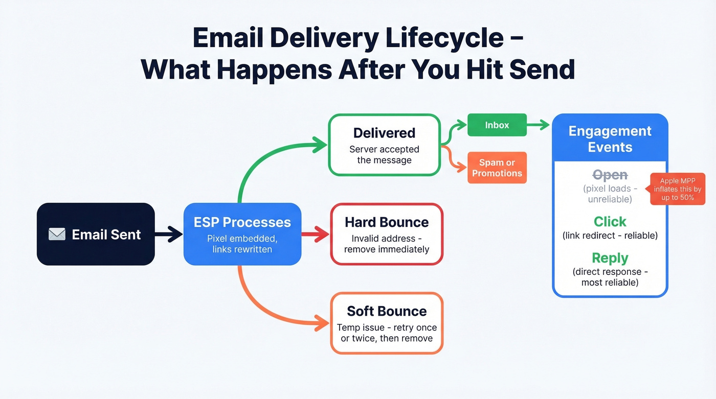 Email delivery lifecycle flow from send to engagement events