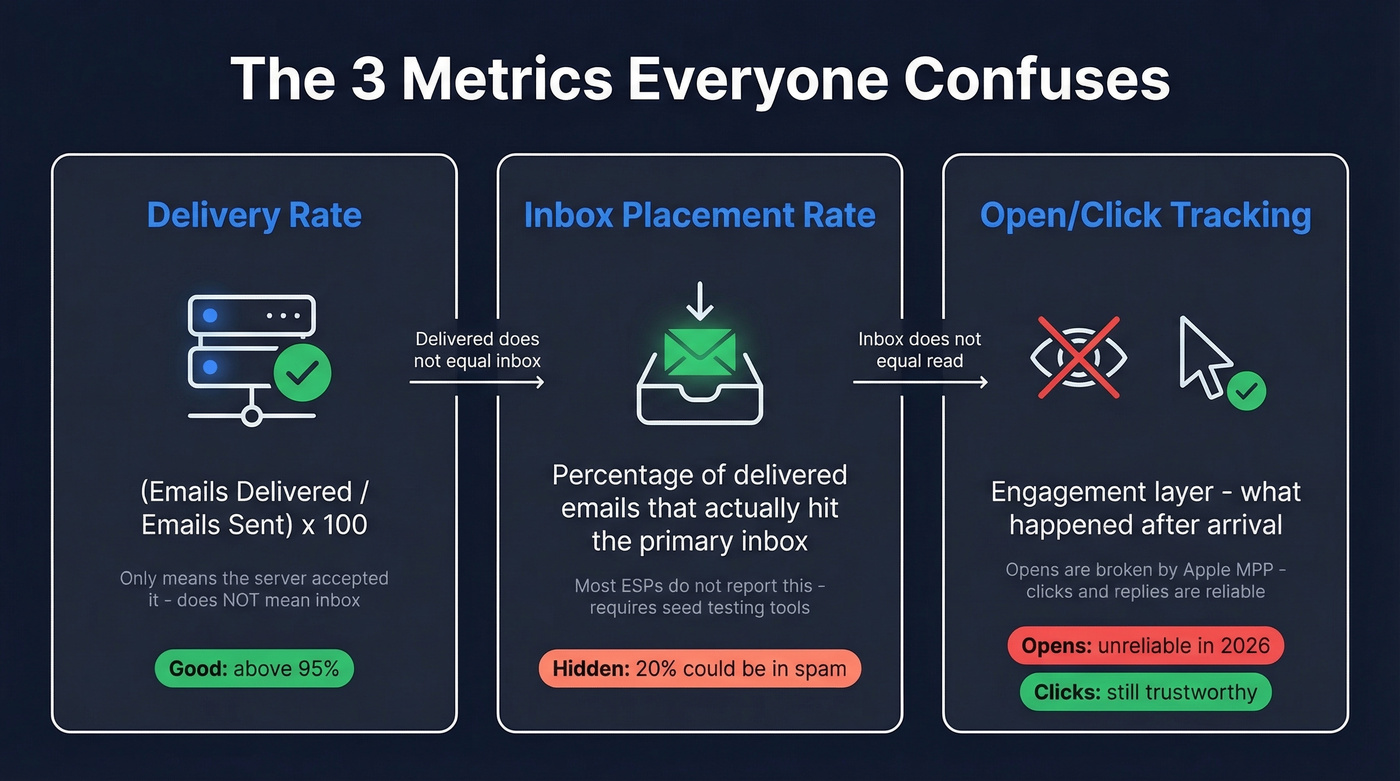 Three email metrics compared: delivery rate, inbox placement, engagement