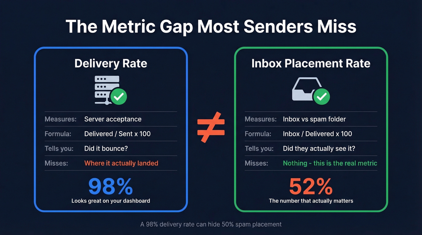 Delivery rate vs inbox placement rate comparison diagram