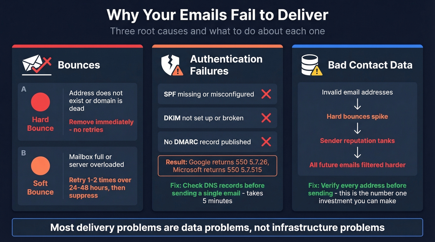 Three root causes of email delivery failure diagram