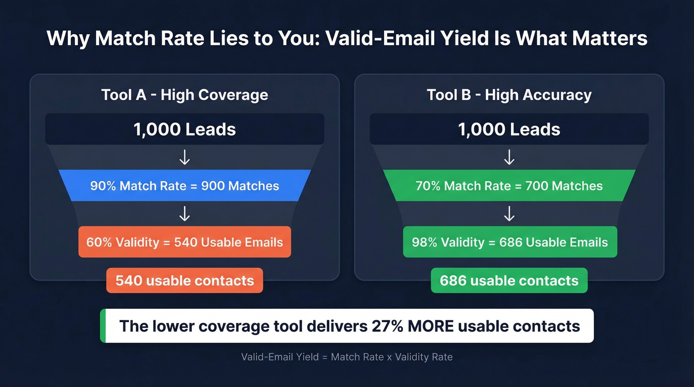 Valid email yield comparison showing coverage vs accuracy math