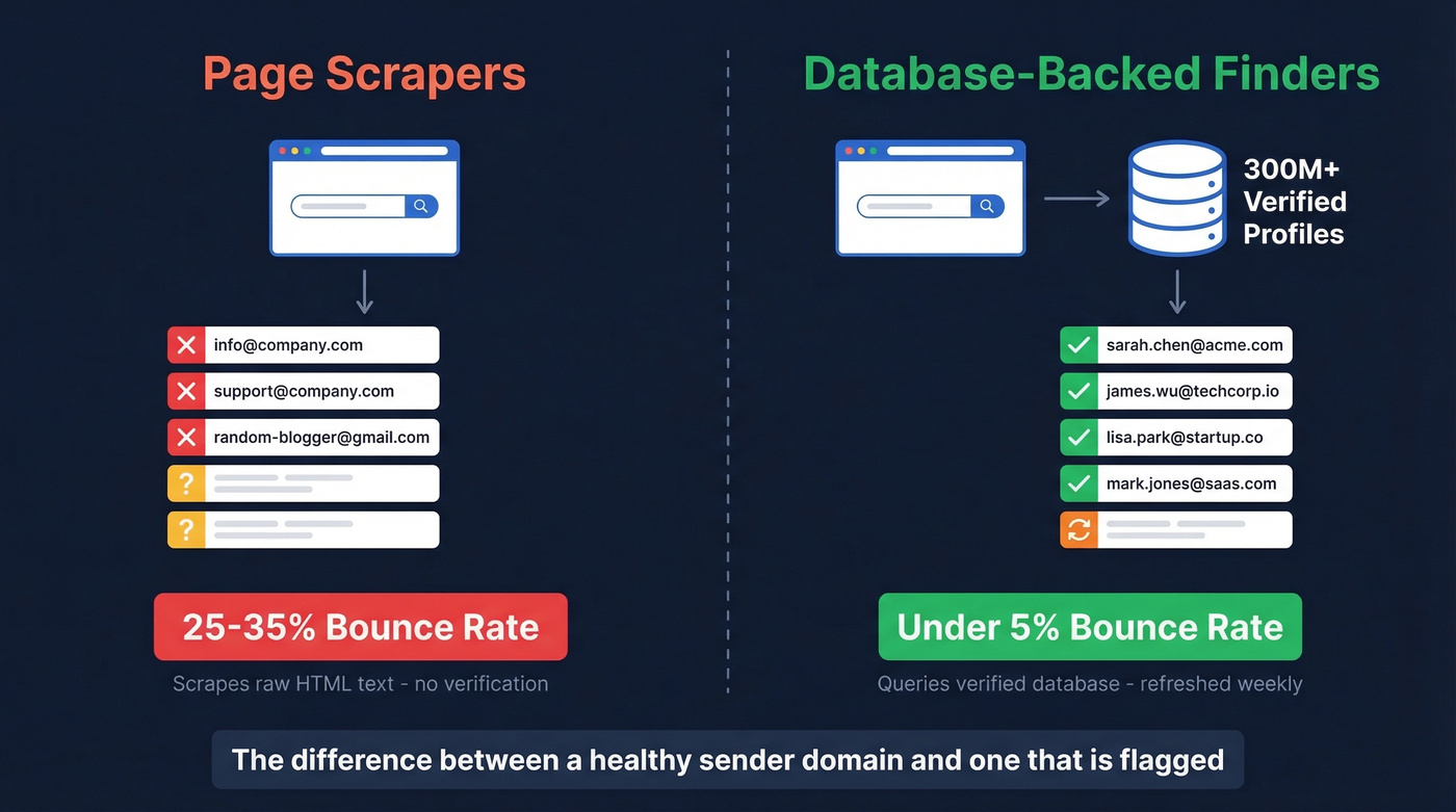 Page scrapers vs database-backed email finders comparison
