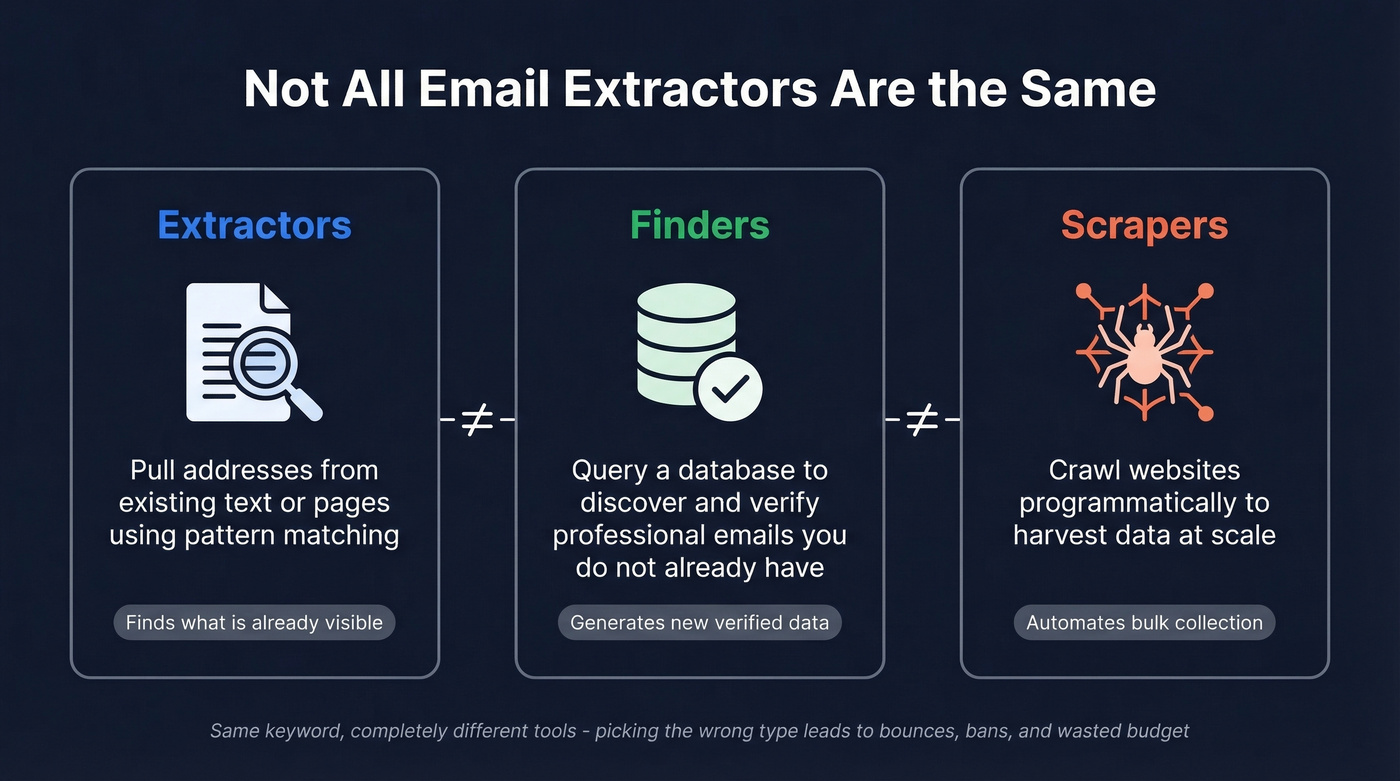 Three types of email tools: extractors, finders, scrapers