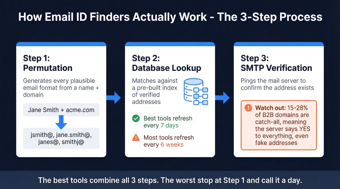 Three-step email finder process flow diagram