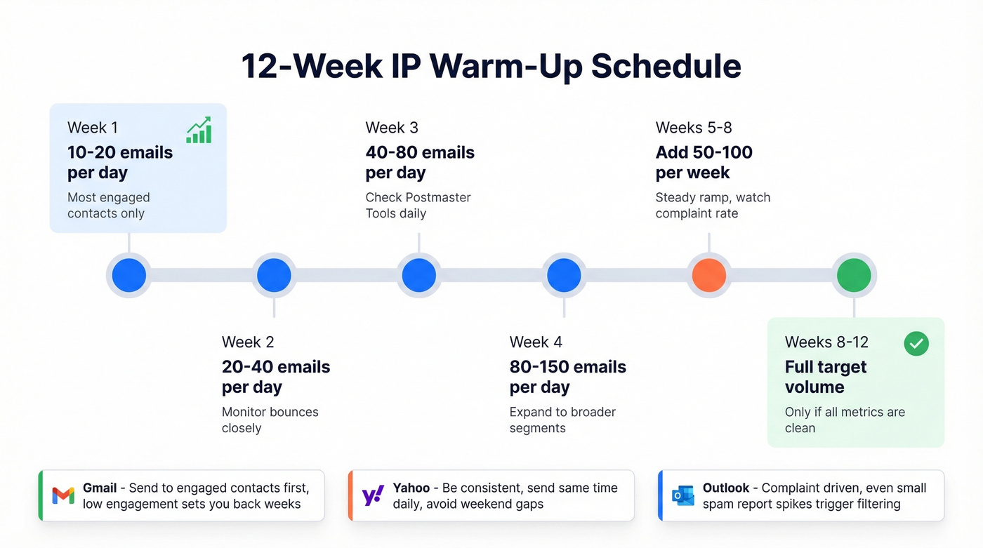 Visual timeline of 12-week IP warm-up schedule with volume milestones