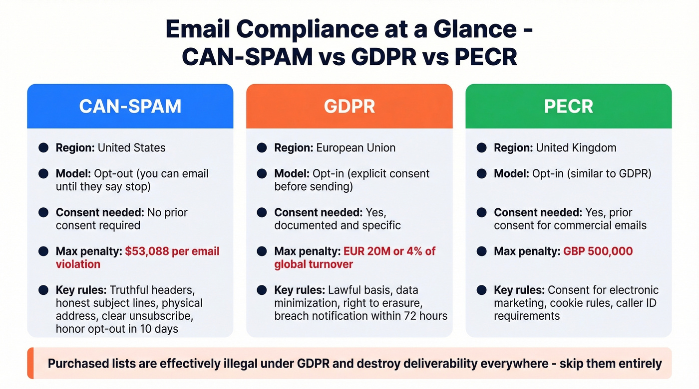 CAN-SPAM vs GDPR vs PECR compliance comparison