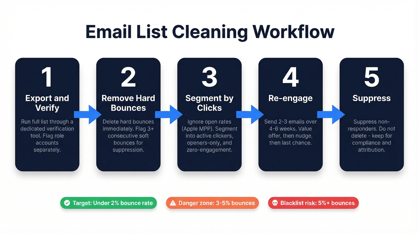 Five-step email list cleaning workflow diagram