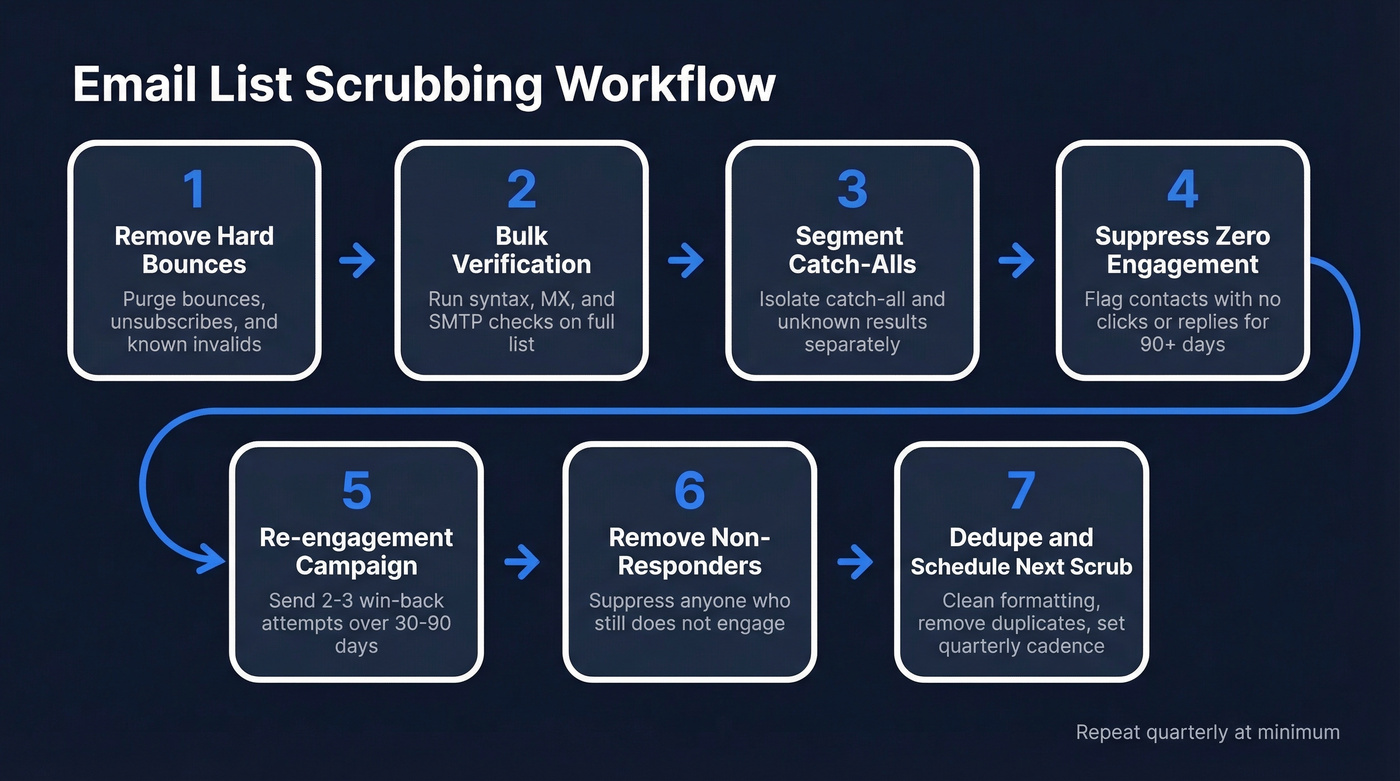 Seven-step email list scrubbing workflow process diagram