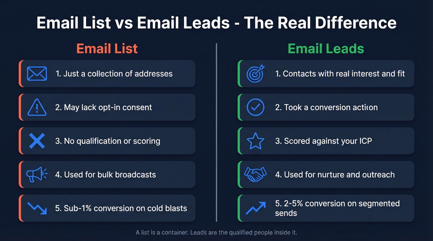 Side-by-side comparison of email list vs email leads