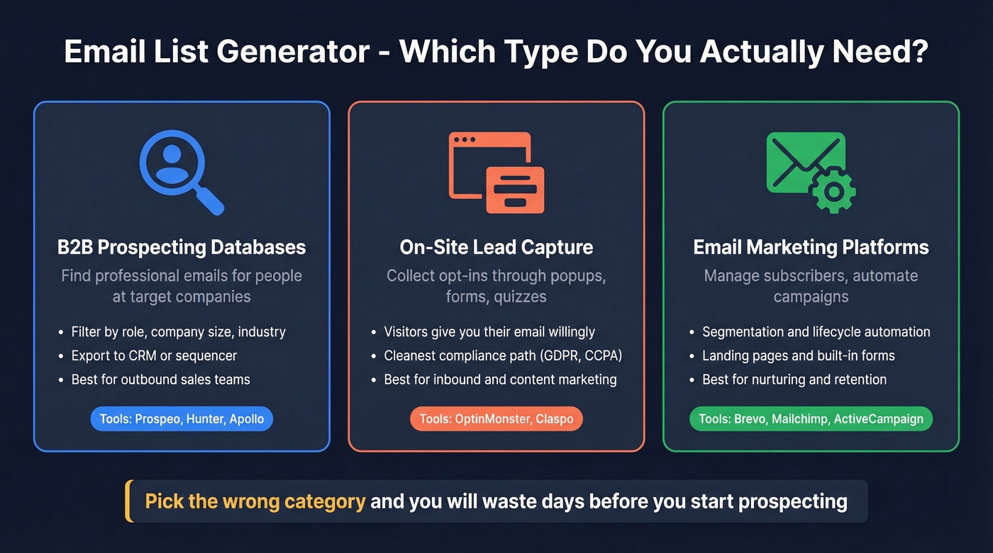 Three types of email list generators explained visually