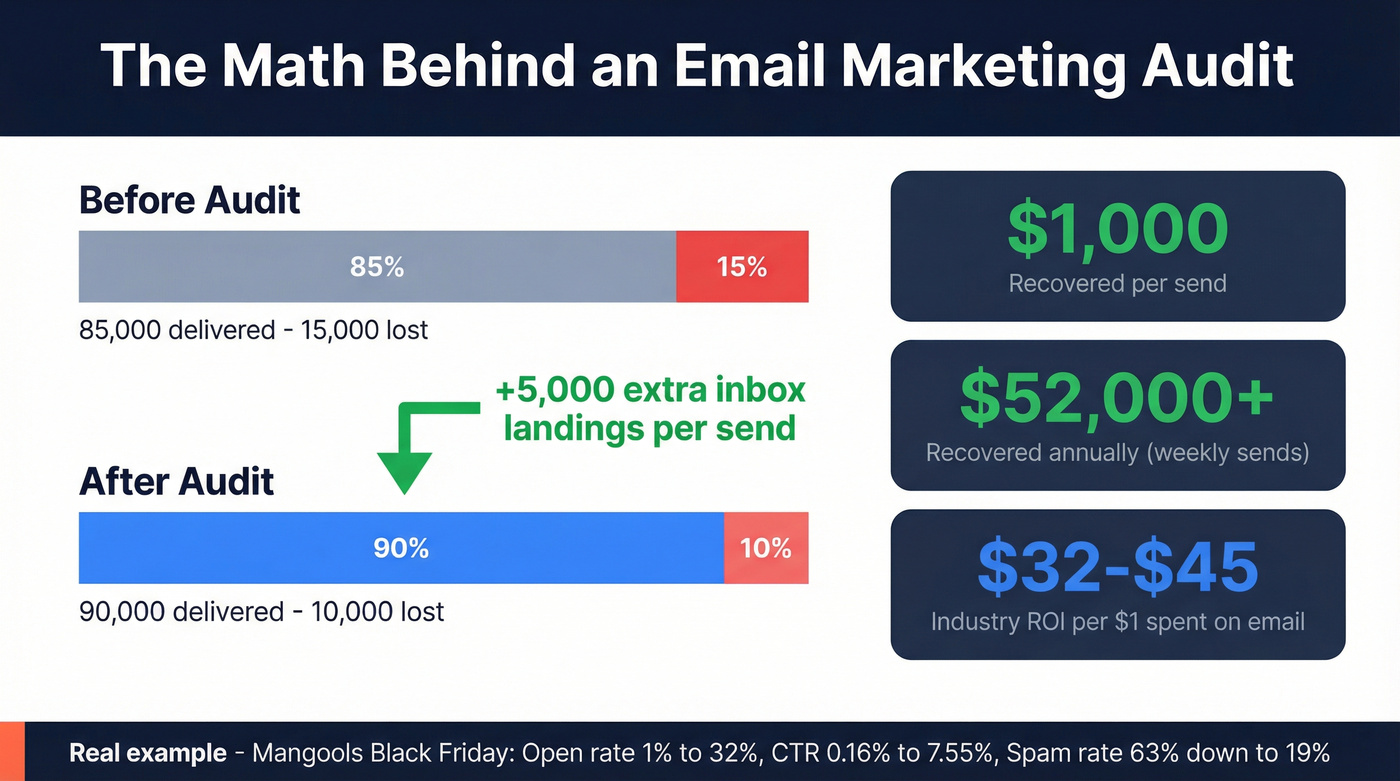 ROI math showing recovered revenue from email audit