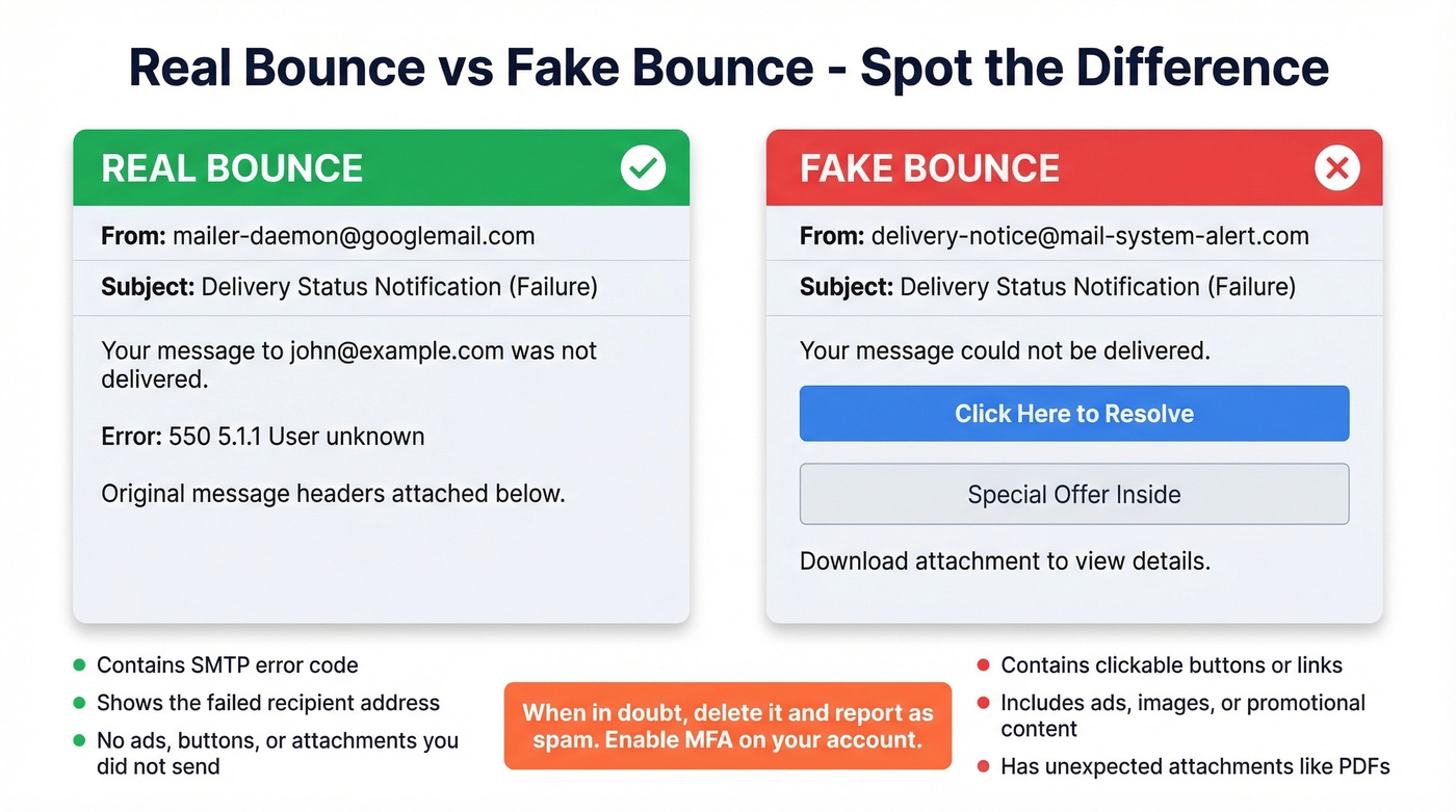 Side-by-side comparison of real vs fake bounce emails