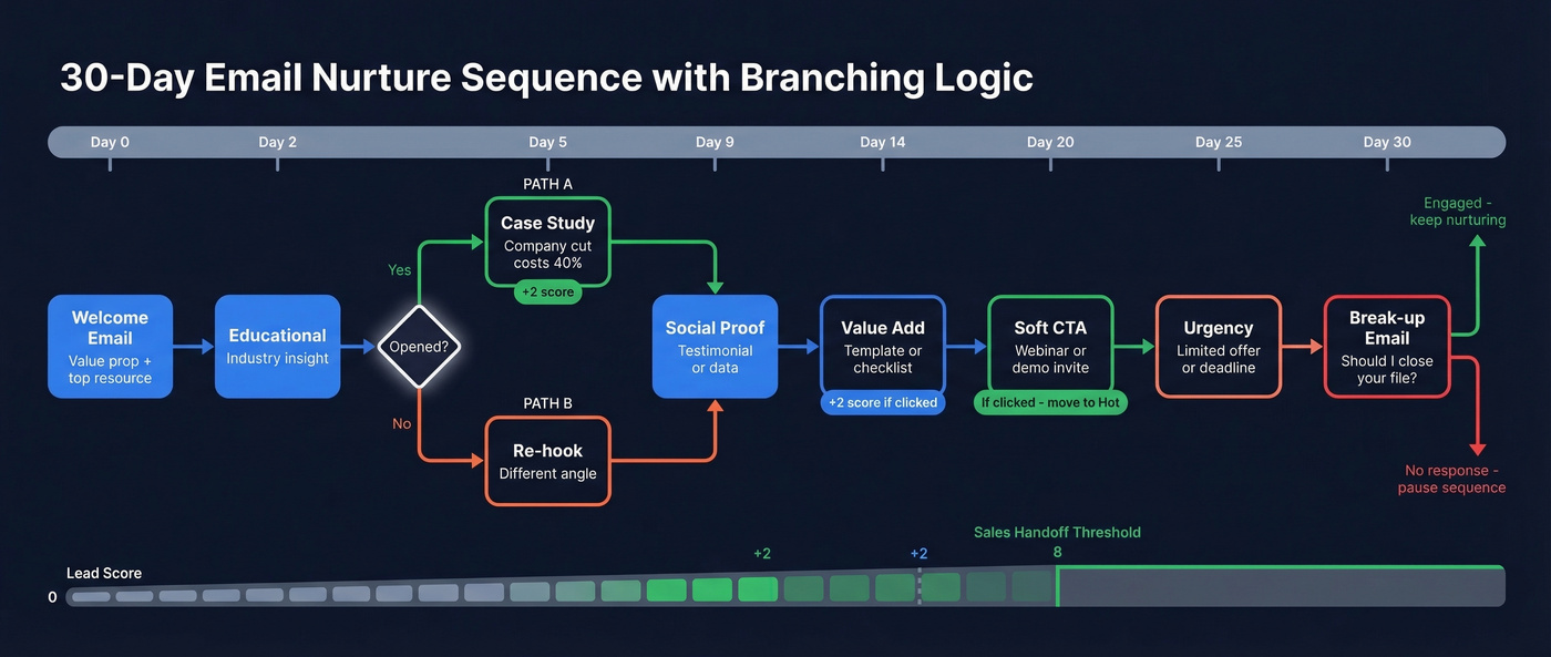 Day 0 to Day 30 nurture sequence with branching logic