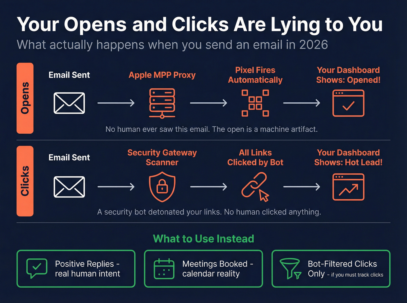 Visual showing how Apple MPP and bot clicks inflate email metrics