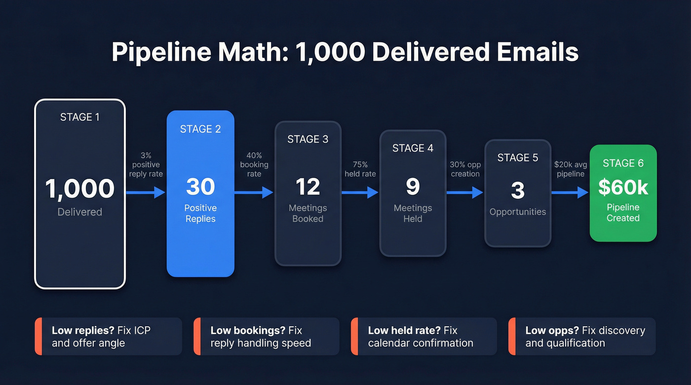 Pipeline funnel showing 1000 delivered emails converting to revenue