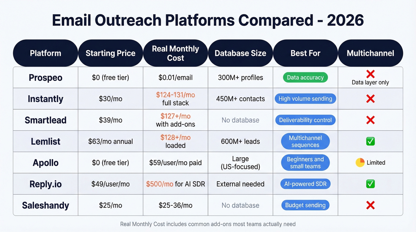 Feature comparison matrix of top email outreach platforms