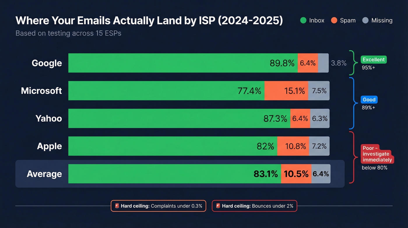 ISP inbox placement benchmarks comparison bar chart