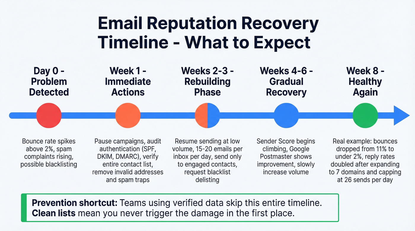 Email reputation recovery timeline with key milestones