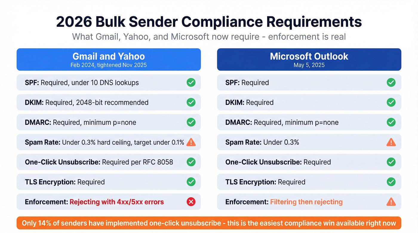 Gmail vs Yahoo vs Microsoft compliance requirements comparison