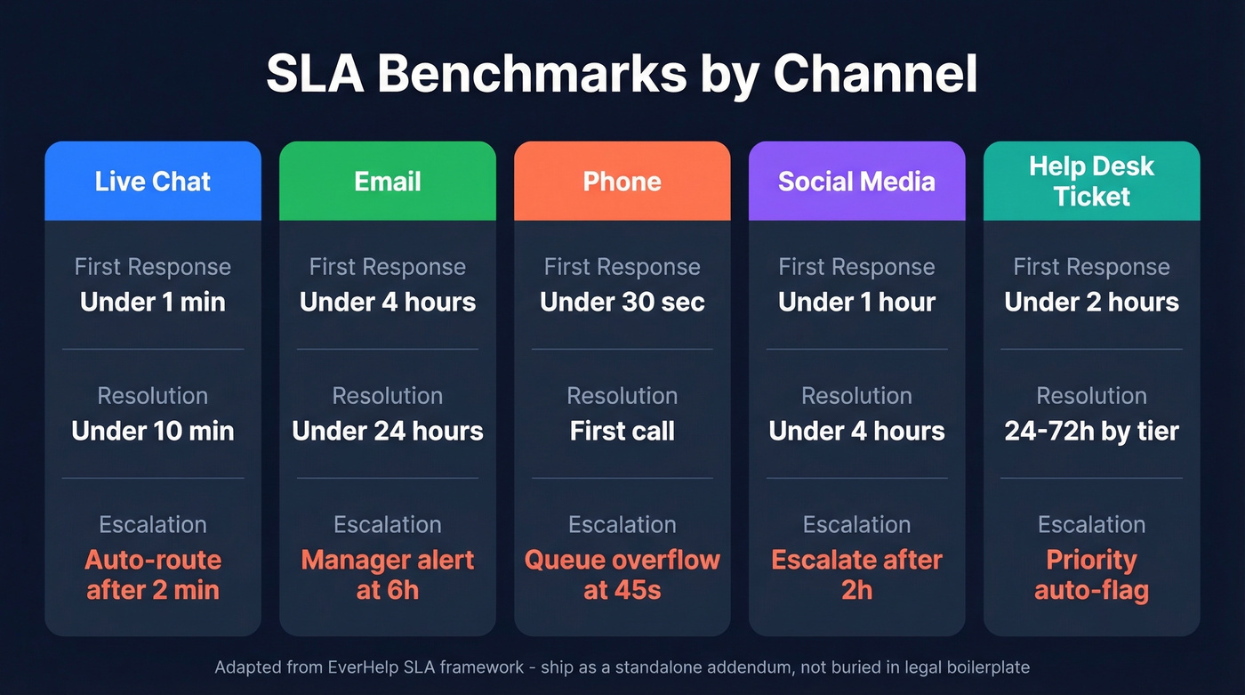 SLA benchmarks across five support channels with escalation rules