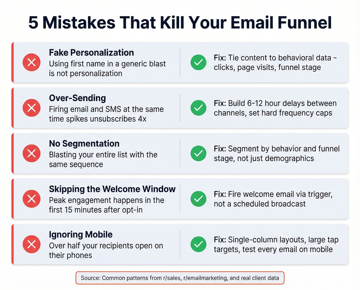 Five email funnel mistakes with warning indicators
