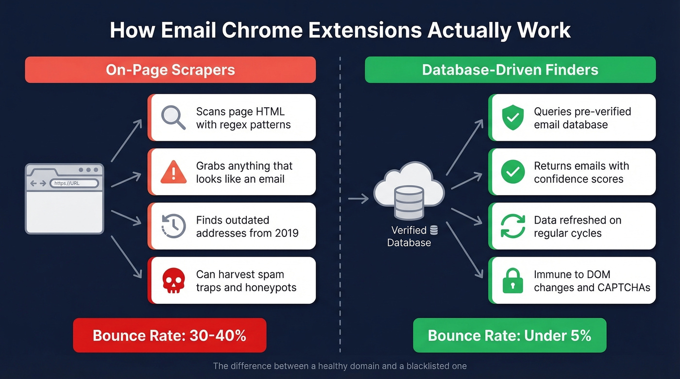 On-page scrapers vs database-driven finders comparison diagram