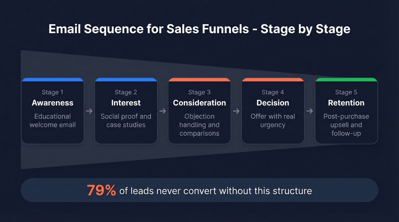 Sales funnel stages mapped to email types