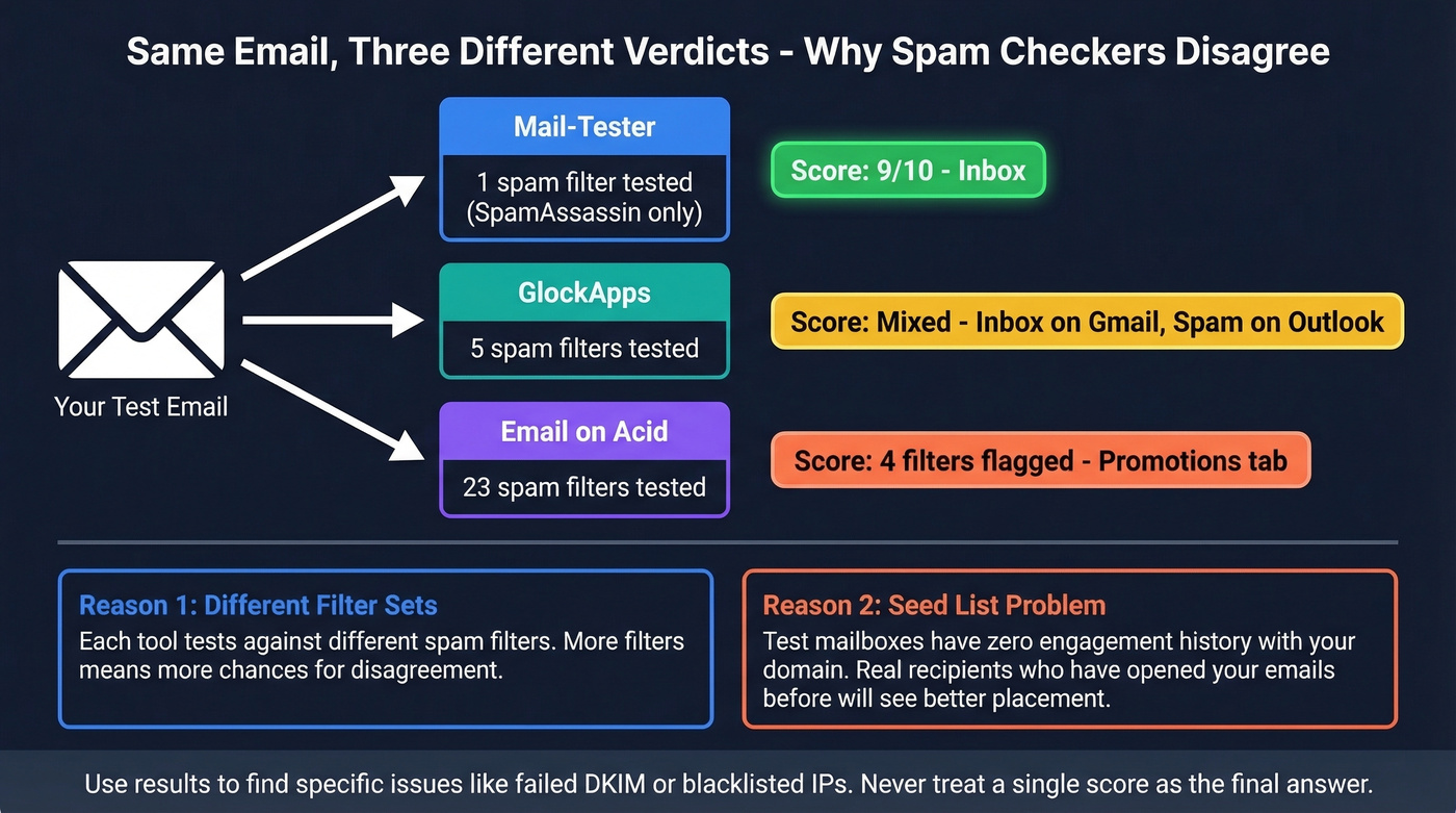 Why spam checker tools give different results explained visually