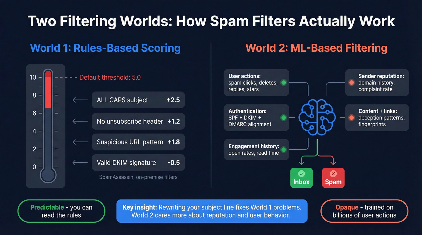 SpamAssassin scoring vs ML filtering comparison diagram