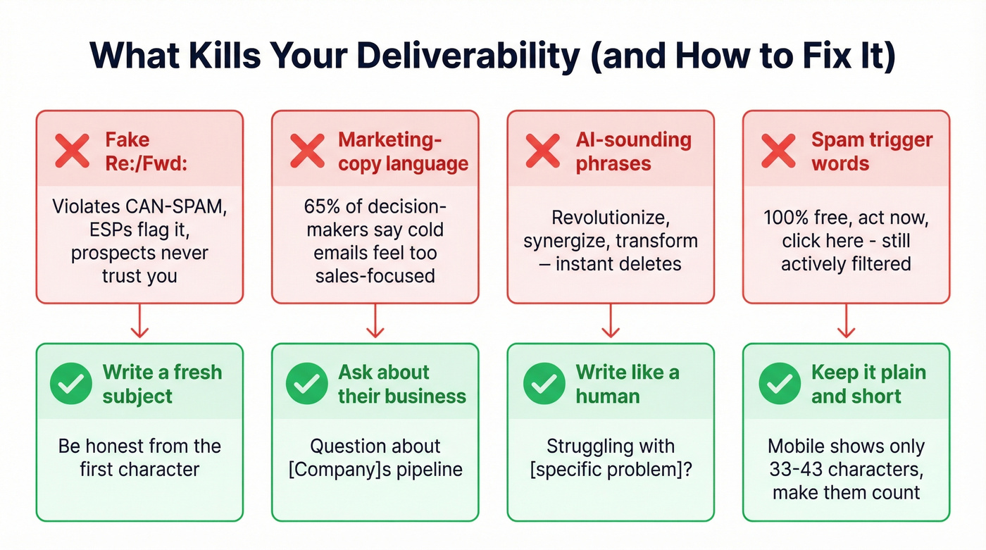 Four deliverability killers with fixes for B2B email subject lines