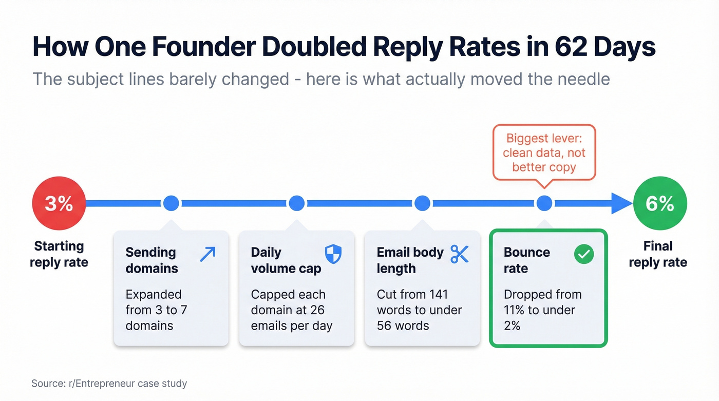 Reply rate rebuild timeline from 3% to 6%