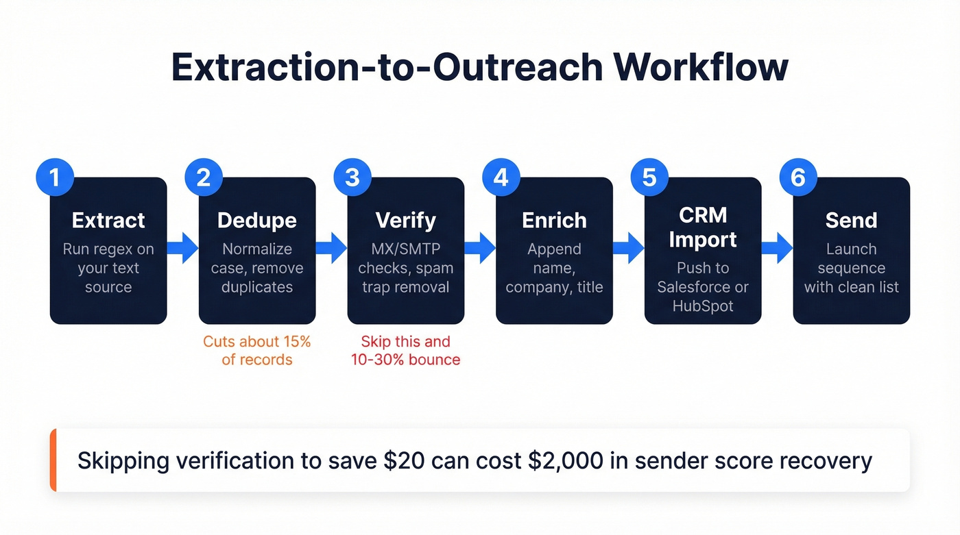 Six-step extraction to outreach workflow diagram