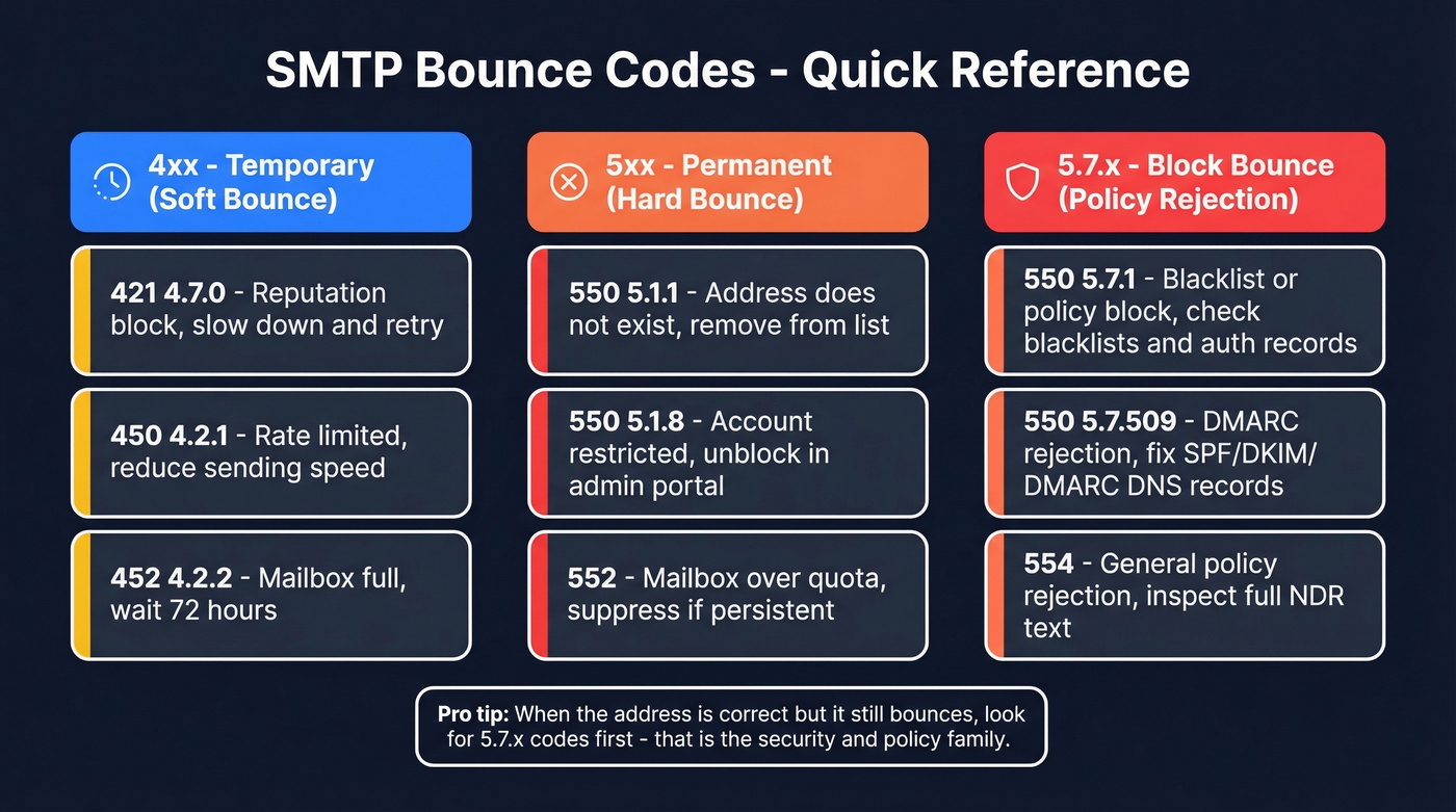 SMTP bounce code reference chart with categories and actions