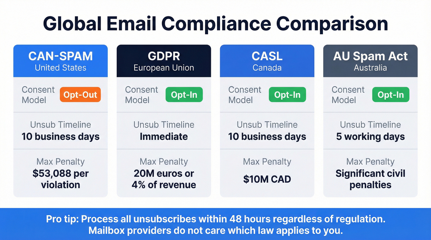 Visual comparison of global email compliance regulations