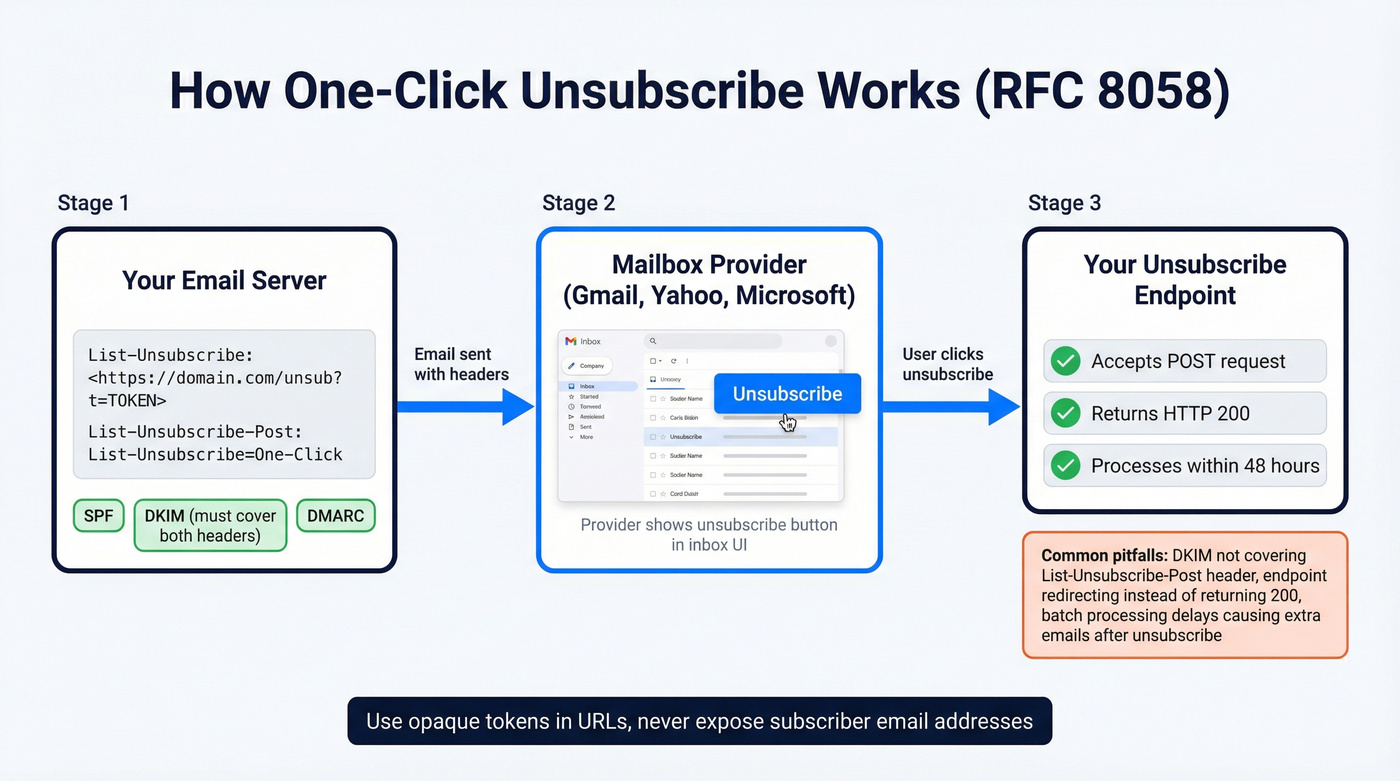Technical diagram showing RFC 8058 one-click unsubscribe header flow