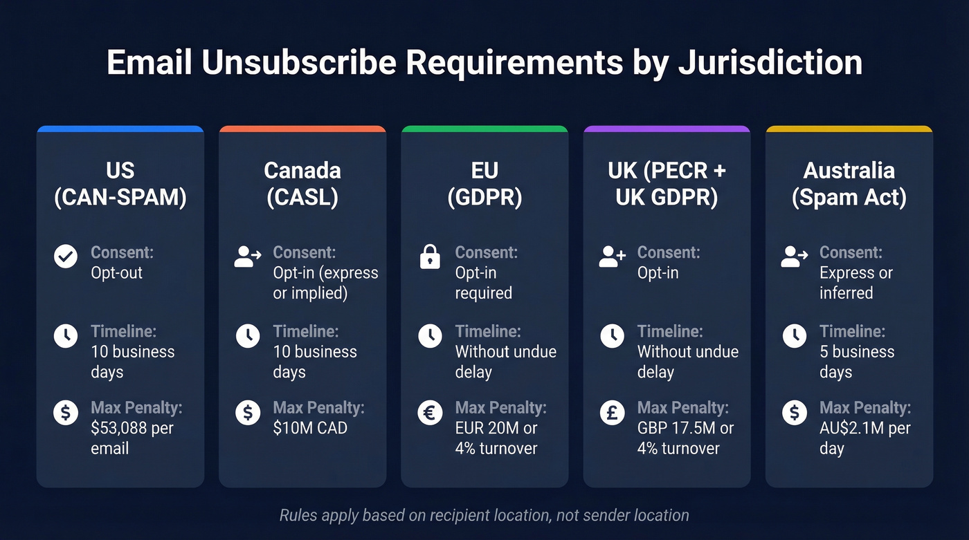 Email unsubscribe requirements comparison across five jurisdictions