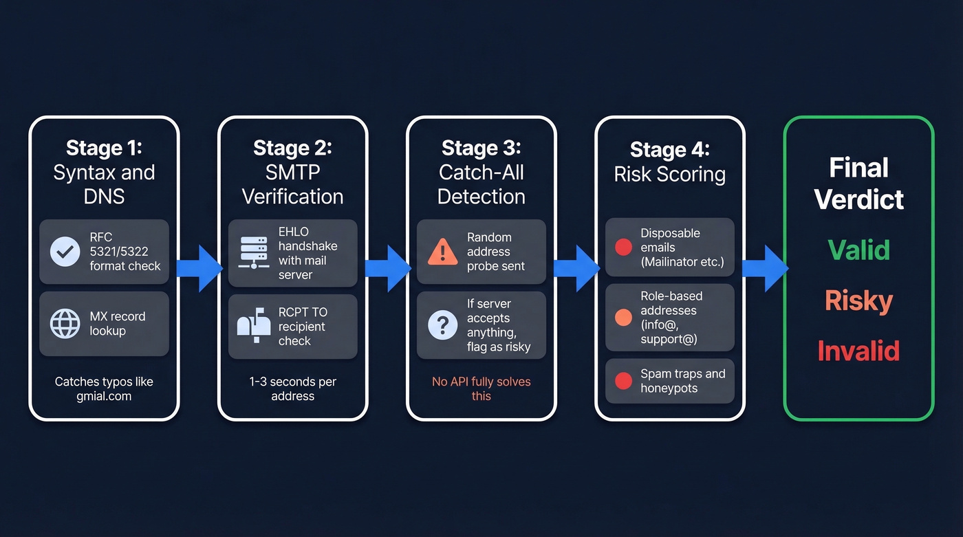 Four-stage email validation API pipeline flow chart