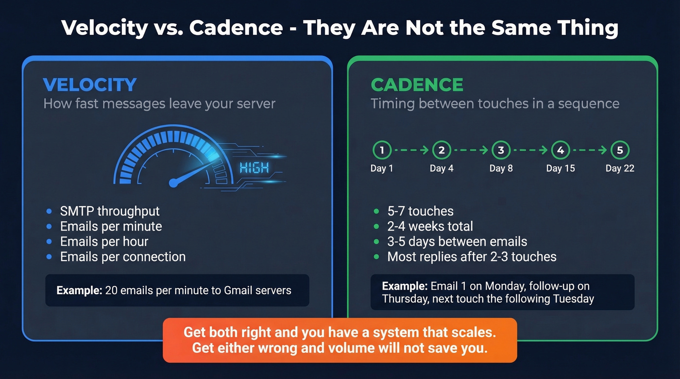 Visual comparison of email velocity versus cadence concepts