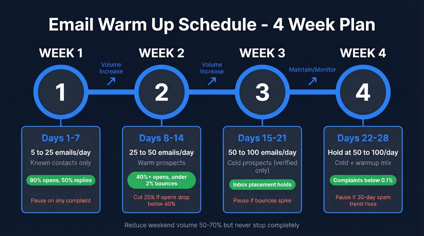 4-week email warm up schedule visual timeline