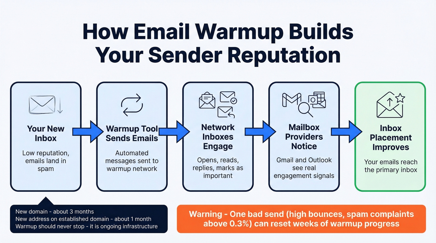 Email warmup process flow diagram showing engagement loops