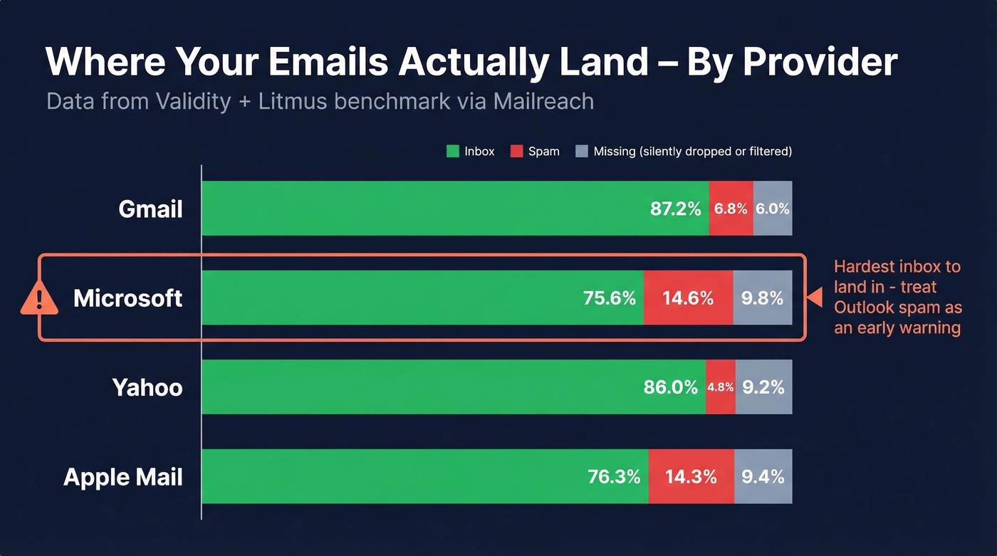 Email inbox vs spam rates by major provider