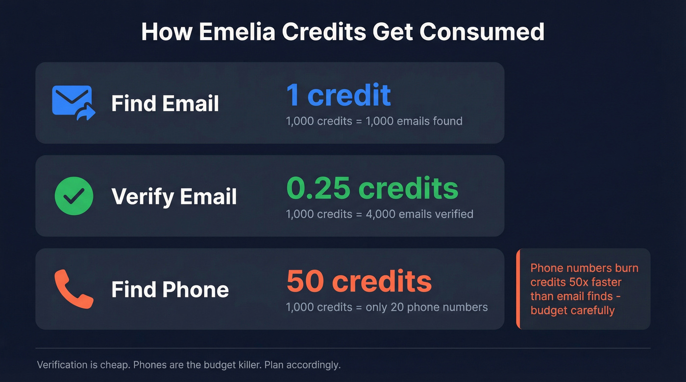 Emelia credit costs per action visual breakdown