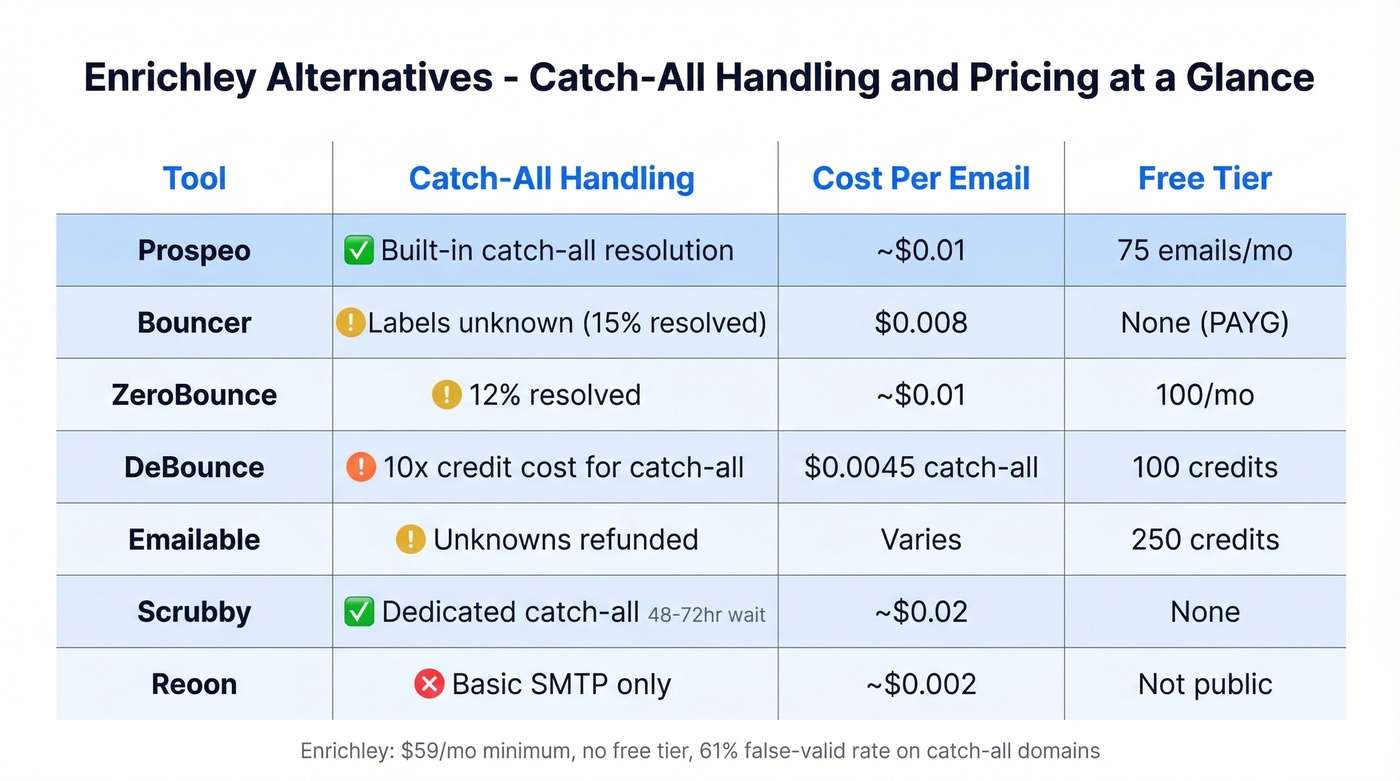Enrichley alternatives pricing and catch-all comparison matrix