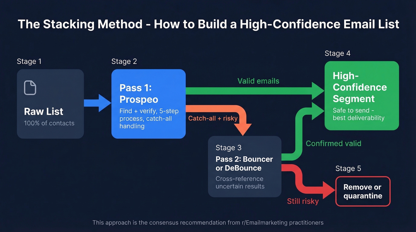 Two-pass email verification stacking workflow diagram